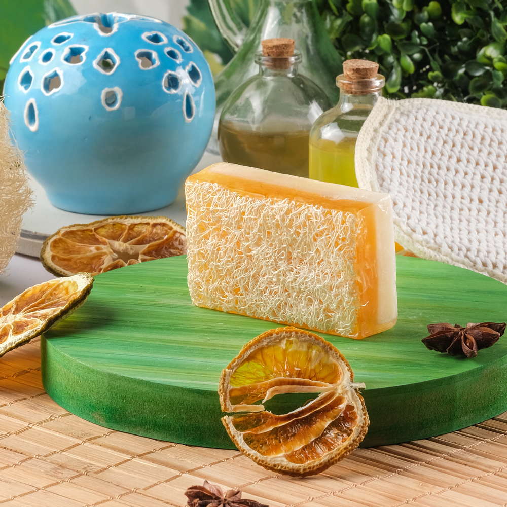 Wholesale 100g Rectangular Tangerine Scented Loofah Body Care Soap