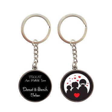 Family Themed Metal Double Face Round Keychain 40x95 mm