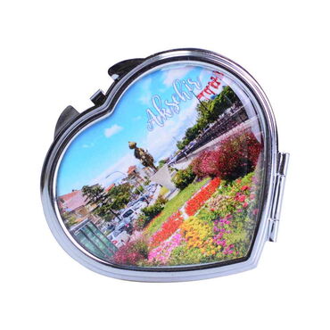 Aksehir Themed Customised Metal Epoxy Travel Make Up Compact Heart Shaped Mirror 70x65x8 mm - Thumbnail