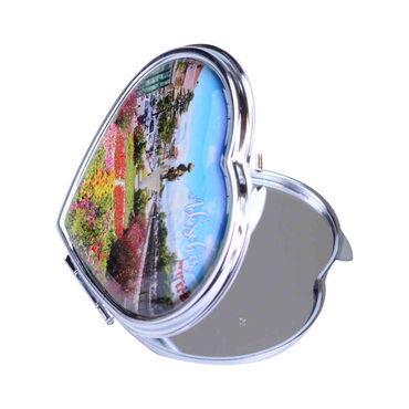 Aksehir Themed Customised Metal Epoxy Travel Make Up Compact Heart Shaped Mirror 70x65x8 mm - Thumbnail