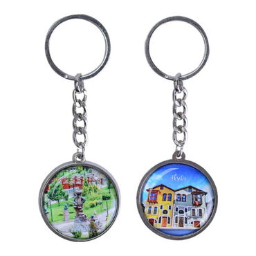 Aksehir Themed Metal Double Face Round Keychain 40x95 mm - Thumbnail