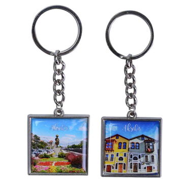 Aksehir Themed Metal Square Shaped Double Face Keychain 36x95 mm - Myros