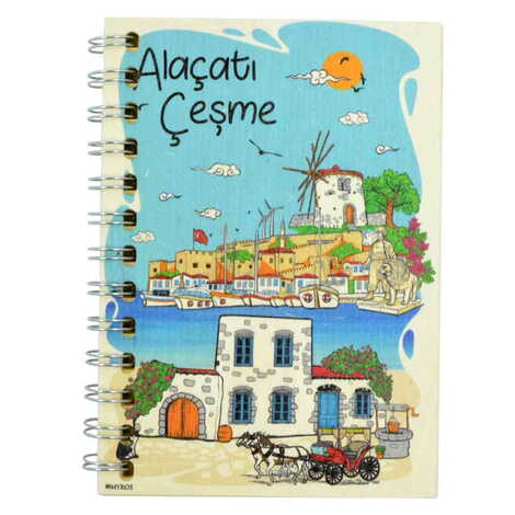 Toptan Alaçatı Bölgesi Temalı Ahşap Kapaklı Defter 120x170 mm