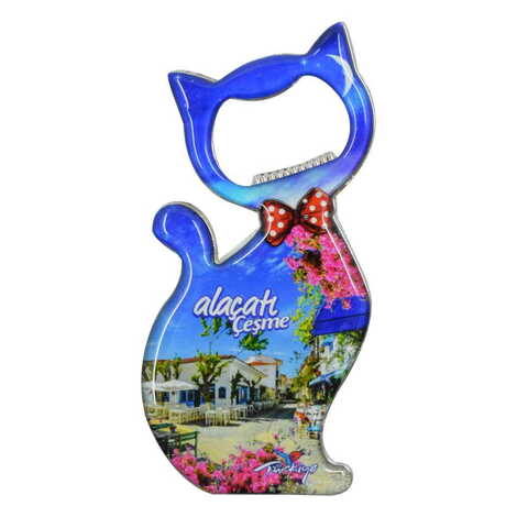 Toptan Alaçatı Bölgesi Temalı Myros Metal Kedi Açacak Magnet 97x48 mm