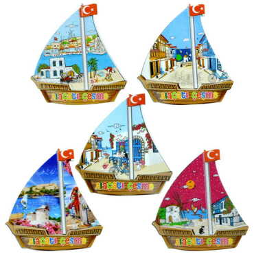 Toptan Alaçatı Bölgesi Temalı Uv Baskılı Yelken Şekilli Magnet 77x80 mm - 3
