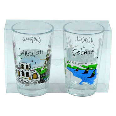 Myros - Alacati Region Themed Custom Printed Turkish Coffee Water Glass of 2 pcs