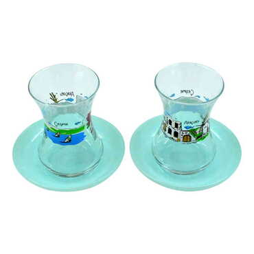 Alacati Region Themed Custom Printed Turkish Tea Glass Set Of 2 Pcs - Thumbnail