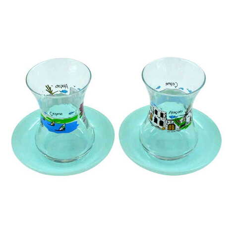 Alacati Region Themed Custom Printed Turkish Tea Glass Set Of 2 Pcs