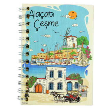 Alacati Region Themed Custom Printed Wood Cover Notebook 120x170 mm - Thumbnail