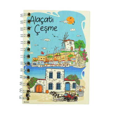 Myros - Alacati Region Themed Custom Printed Wood Cover Notebook 90X140 Mm