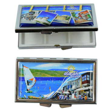 Myros - Alacati Region Themed Customised Metal Epoxy Rectangular Pill Box 84x45x13 mm