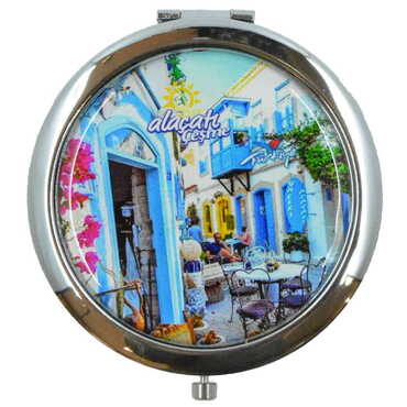 Alacati Region Themed Customised Metal Epoxy Travel Make Up Compact Mirror 70x11 mm - Thumbnail