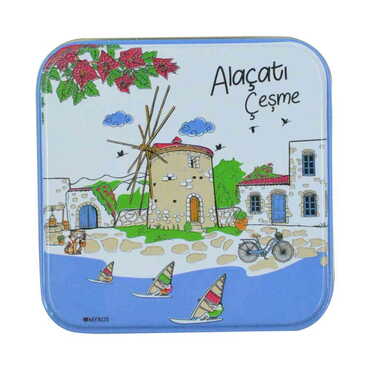 Alacati Region Themed Customised Round Tin Metal Box 75x75x35 mm - Thumbnail