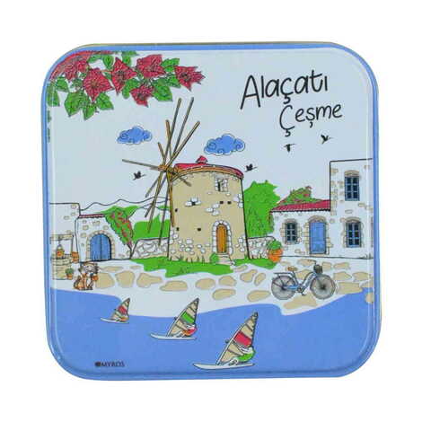 Alacati Region Themed Customised Round Tin Metal Box 75x75x35 mm - 1
