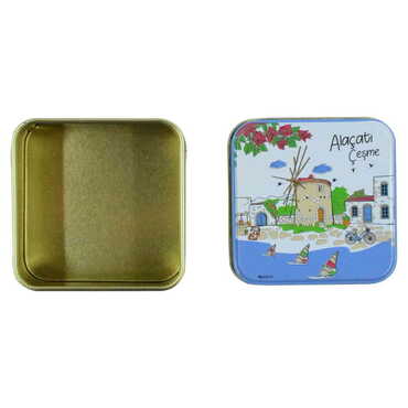 Alacati Region Themed Customised Round Tin Metal Box 75x75x35 mm - Thumbnail