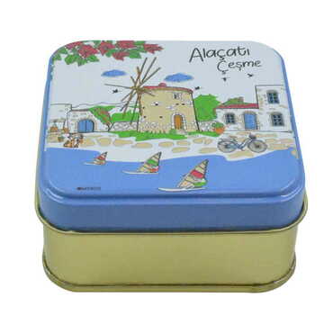 Alacati Region Themed Customised Round Tin Metal Box 75x75x35 mm - Thumbnail