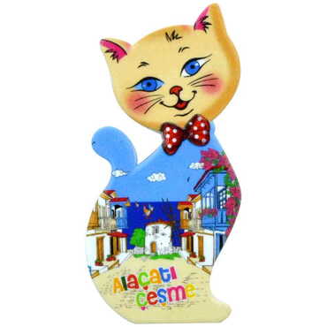 Myros - Alacati Region Themed Customised UV Printed Plastic Base Cat Shaped Fridge Magnet 43x87 mm