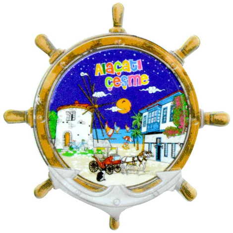 Alacati Region Themed Customised UV Printed Plastic Base Marin Rudder Shaped Fridge Magnet 82x82 mm