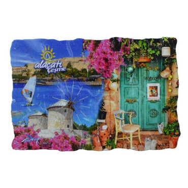 Alacati Region Themed Customised UV Printed Plastic Base Mosaic Pattern Rectangle Fridge Magnet 80x50 mm - Thumbnail