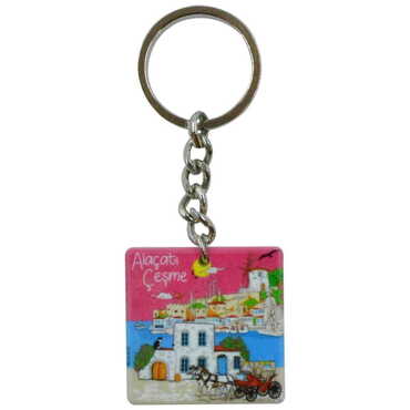 Alacati Region Themed Customised Uv Printed Plastic Base Round Keyring 40x108 mm - Thumbnail