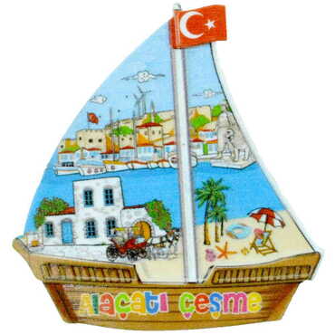 Myros - Alacati Region Themed Customised UV Printed Plastic Base Sail Ship Shaped Fridge Magnet 77x80 mm