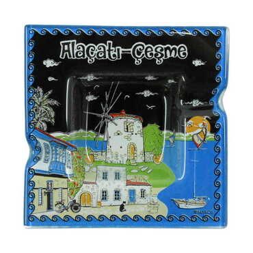 Alacati Region Themed Decorated Glass Ashtray 100X100 Mm - Thumbnail