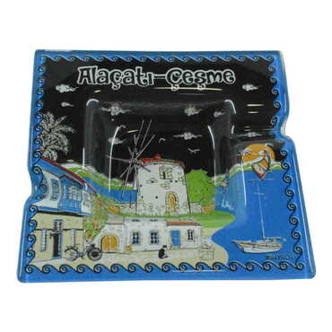 Alacati Region Themed Decorated Glass Ashtray 100X100 Mm - Thumbnail