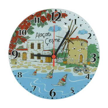 Myros - Alacati Region Themed Decorative Custom Print Glass Wall Watch 25 Cm