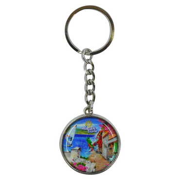 Alacati Region Themed Metal Double Face Round Keychain 40x95 mm - Thumbnail