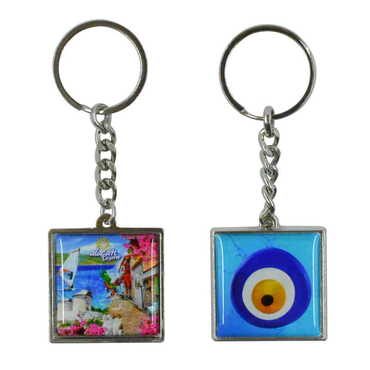 Alacati Region Themed Metal Square Shaped Double Face Keychain 36x95 mm - Myros