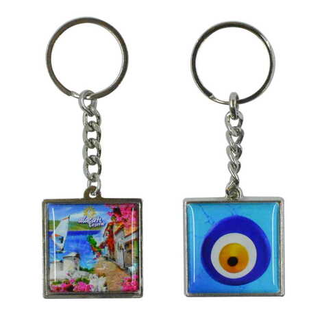 Alacati Region Themed Metal Square Shaped Double Face Keychain 36x95 mm