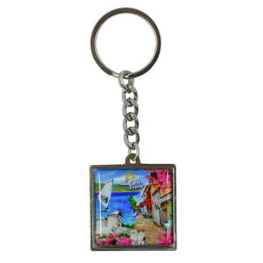 Alacati Region Themed Metal Square Shaped Double Face Keychain 36x95 mm - Thumbnail