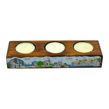 Alacati Region Themed Turkey Region Wooden Triple Candle Holder - Thumbnail