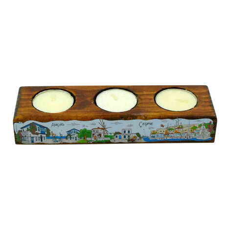 Alacati Region Themed Turkey Region Wooden Triple Candle Holder