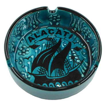 Alacati Themed Turkish Ceramic Turquoise Ashtray Big Size - Thumbnail