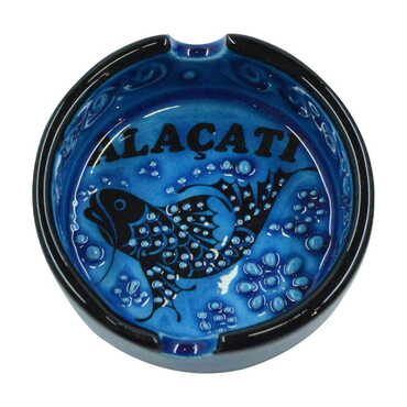 Alacati Themed Turkish Ceramic Turquoise Ashtray Small Size - Thumbnail