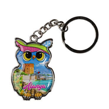 Alanya Themed Owl Shaped Metal Keychain