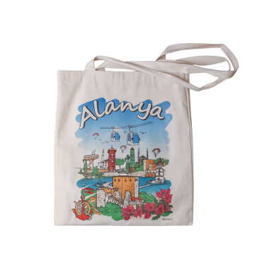 Toptan Alanya Temalı Dijital Baskılı Ham Bez Çanta 35x40 cm - 7