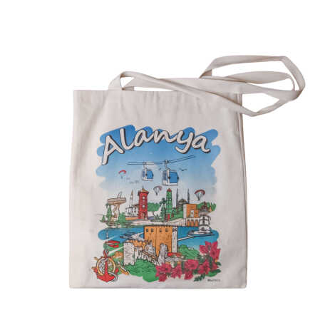 Toptan Alanya Temalı Dijital Baskılı Ham Bez Çanta 35x40 cm - 7