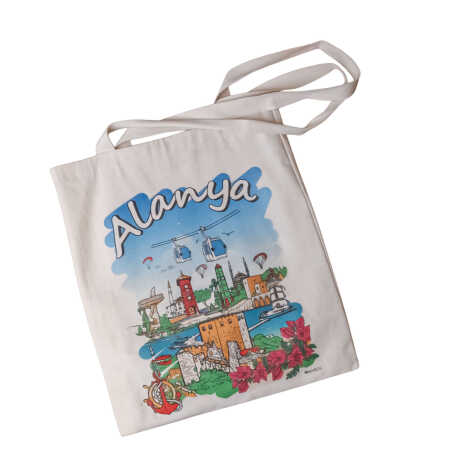 Toptan Alanya Temalı Dijital Baskılı Ham Bez Çanta 35x40 cm - 2