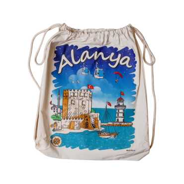 Alanya Temalı Dijital Baskılı Ham Bez Sırt Çantası 33x43 cm - Myros