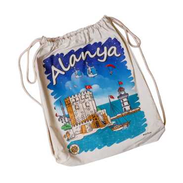 Alanya Temalı Dijital Baskılı Ham Bez Sırt Çantası 33x43 cm - 7