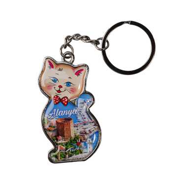 Alanya Temalı Kedi Şekilli Metal Anahtarlık - Myros
