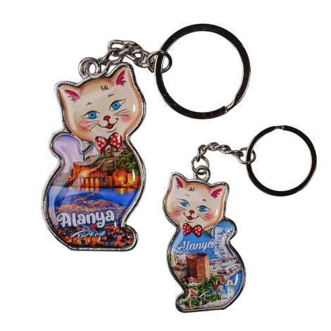 Alanya Temalı Kedi Şekilli Metal Anahtarlık - 2