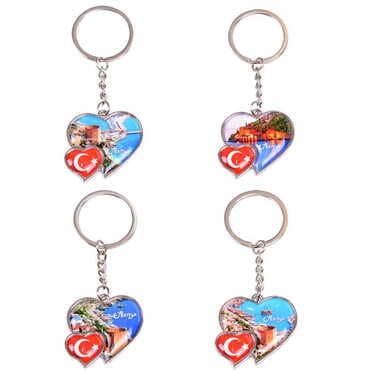 Alanya Themed Metal Double Heart Shaped Keychain 40x94 mm - 2