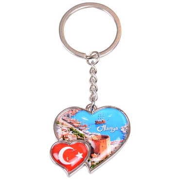 Alanya Themed Metal Double Heart Shaped Keychain 40x94 mm - 3