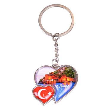 Alanya Themed Metal Double Heart Shaped Keychain 40x94 mm - 5