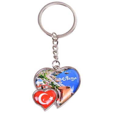 Alanya Themed Metal Double Heart Shaped Keychain 40x94 mm - 6