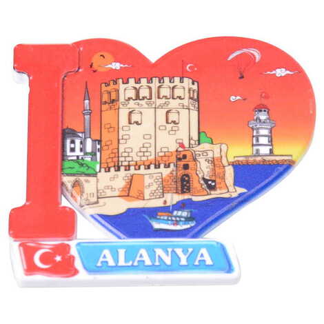 Toptan Alanya Temalı Uv Baskılı Kalp Şekilli Magnet 86x62 mm