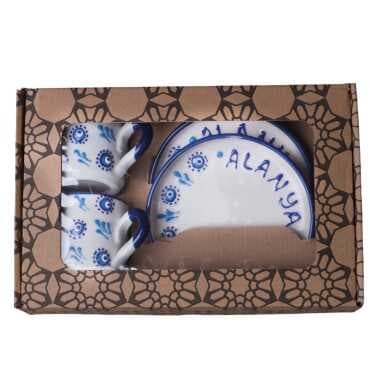 Alanya Themed Traditional Evil Eye Embossed Turkish Coffee Set for Two